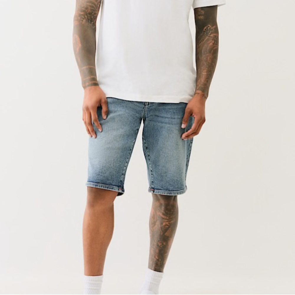 True Religion Blue Denim Shorts with Signature Stitching